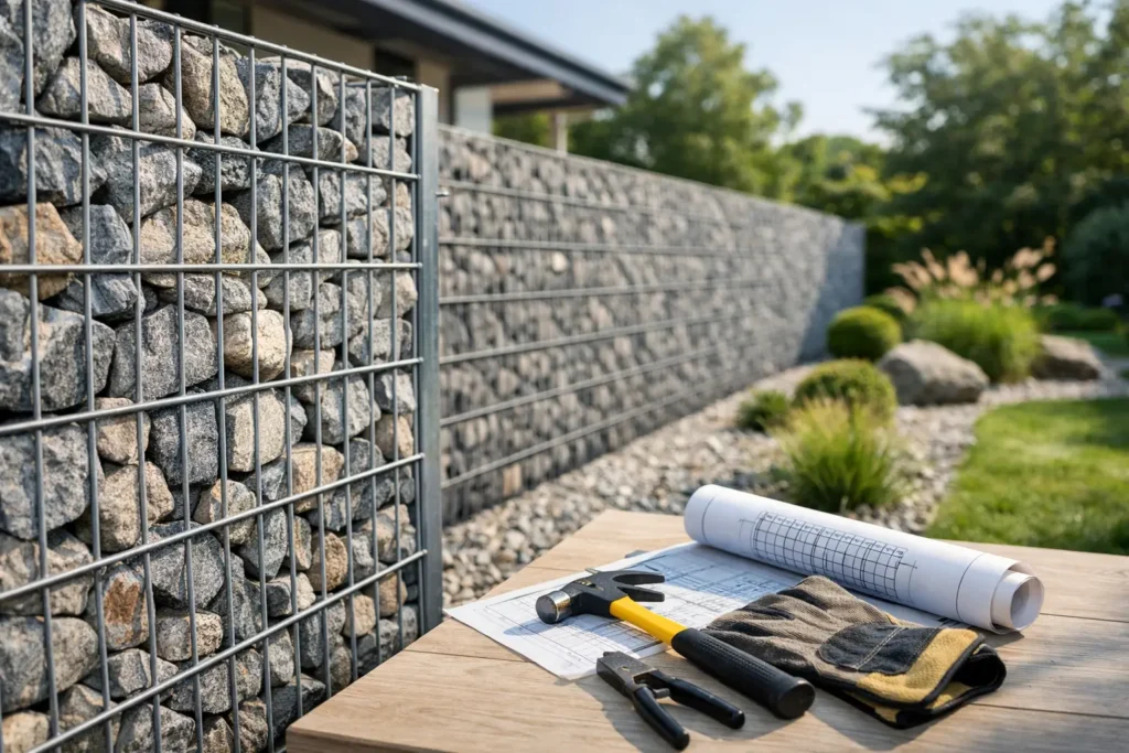 Gabionenzaun mit Steinfüllung planen